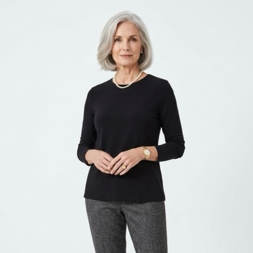 EILEEN FISHER Women's L Long Sleeve Crew Neck Top Silk Lightweight Boxy Black